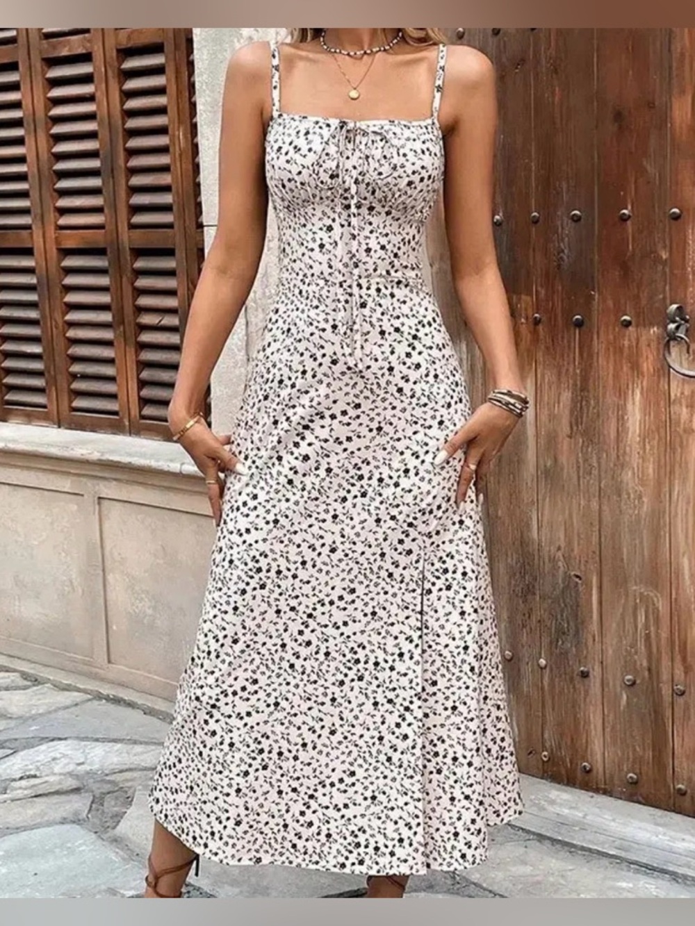 #1143 Sleeveless White Floral Midi Dress - Elegant Summer Style